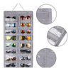 A gray felt organizer with sixteen slots for storing and hanging various pairs of eyeglasses.