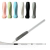 A set of soft silicone pen grip sleeves in various pastel and dark colors displayed next to a silver digital pen.