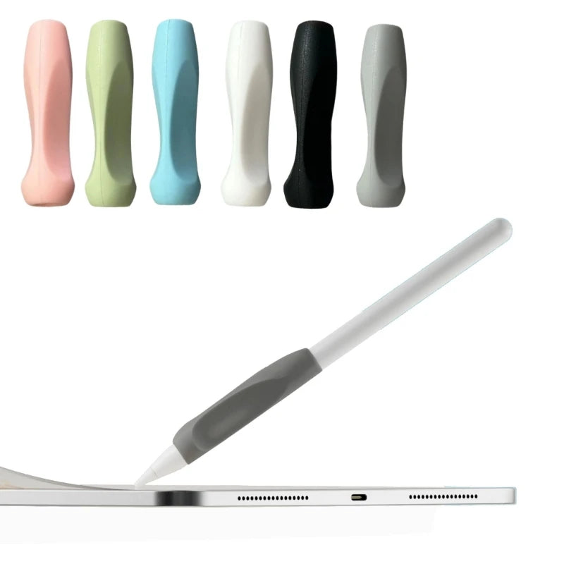 A set of soft silicone pen grip sleeves in various pastel and dark colors displayed next to a silver digital pen.