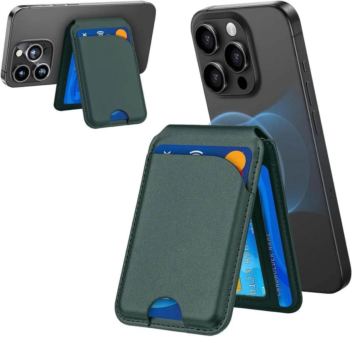 Dunkelgrünes magnetisches Wallet und Handy-Ständer Zubehör neben einem iPhone