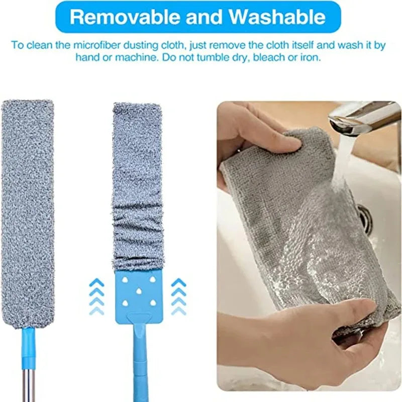 A hand is using a gray microfiber cloth to clean a sink, demonstrating the removable and washable feature of the duster.