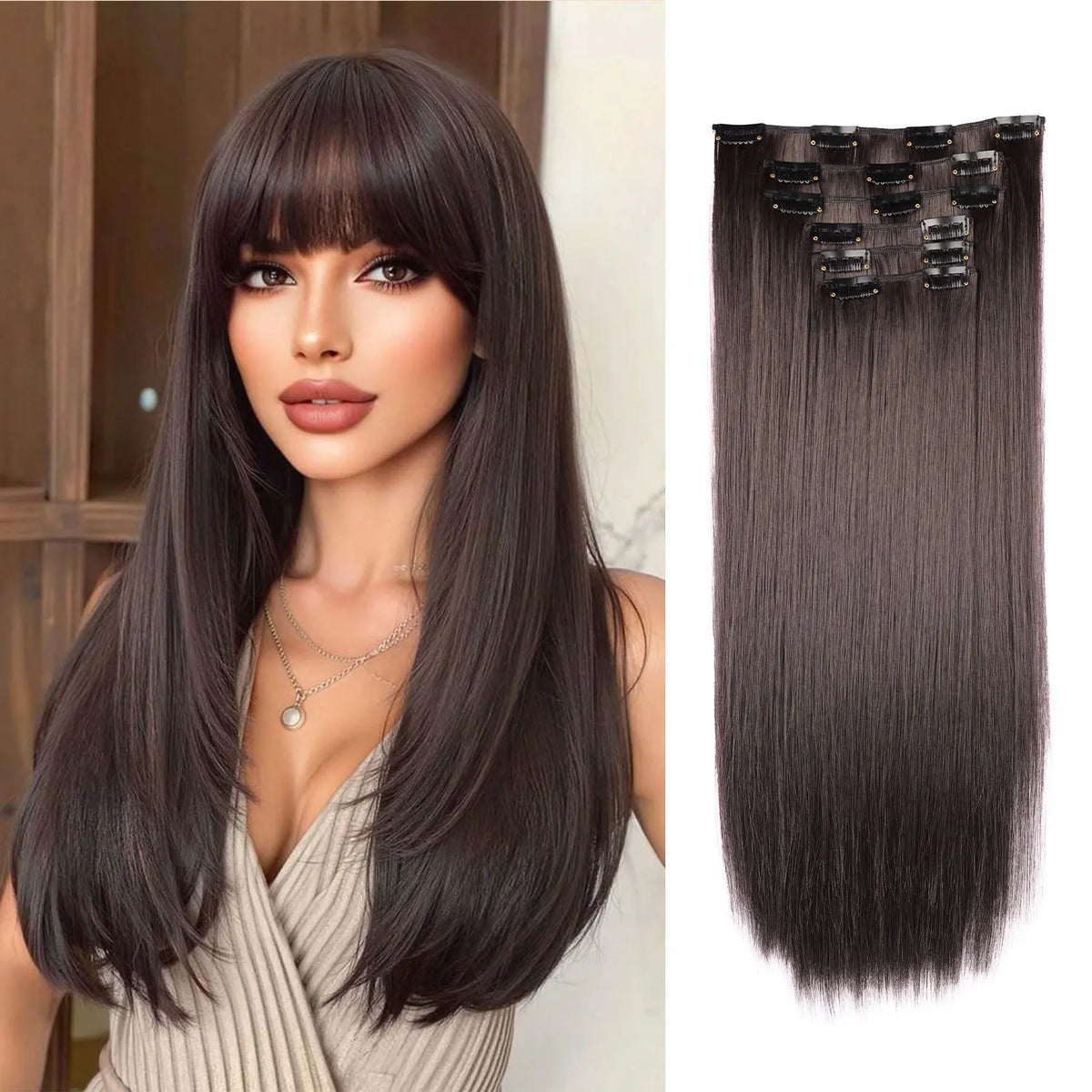 Un modèle montre un ensemble d'extensions de cheveux en clip-in, longs et droits, de couleur brun foncé.
