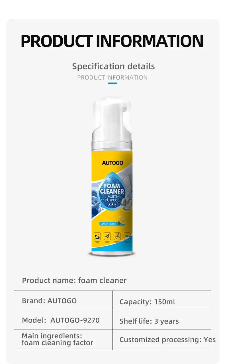 Multi-Purpose No-Rinse Foam Cleaner for Car Interiors & Home Surfaces