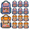 A set of cute cartoon backpack goodie bags for kids party favors in various colors and designs.