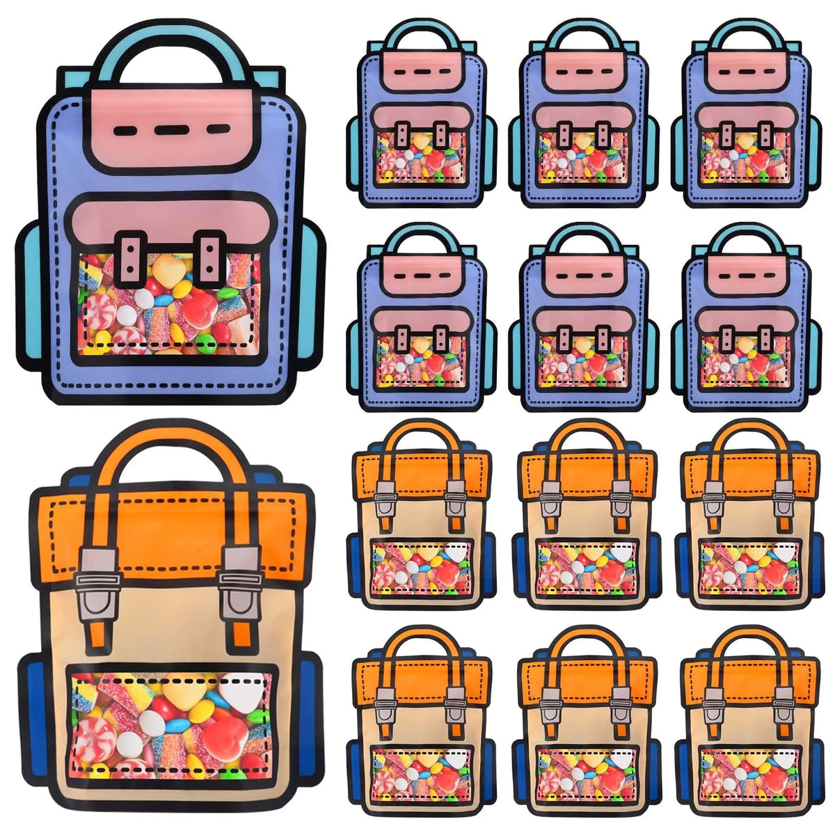 A set of cute cartoon backpack goodie bags for kids party favors in various colors and designs.