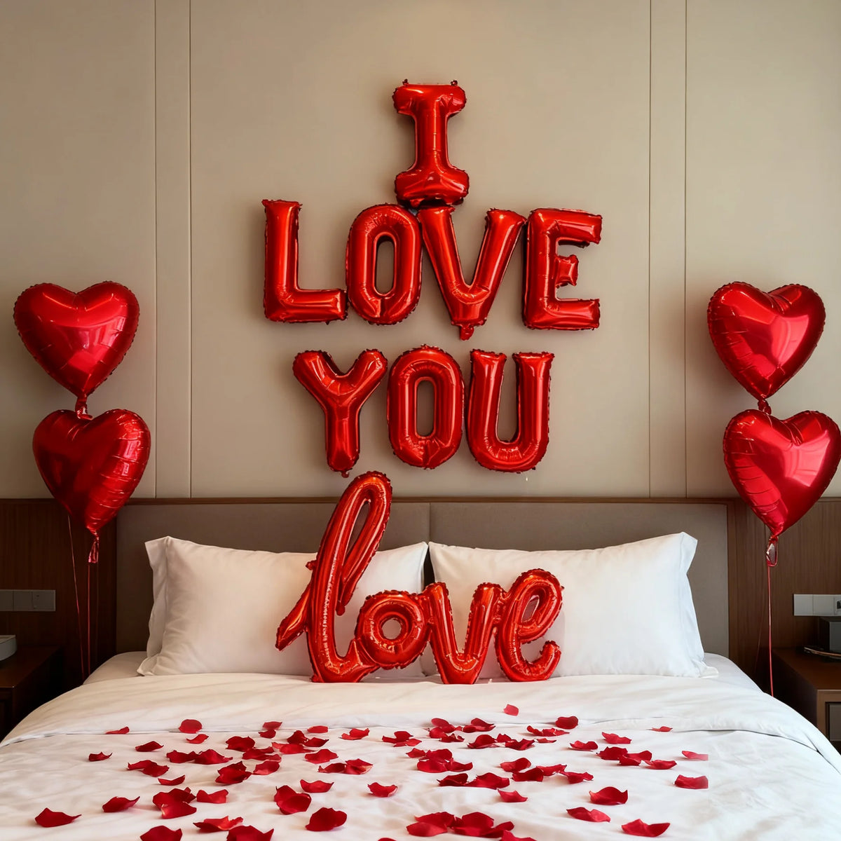 Heart-Shaped 'I Love You' Foil Balloon with Red Petals
