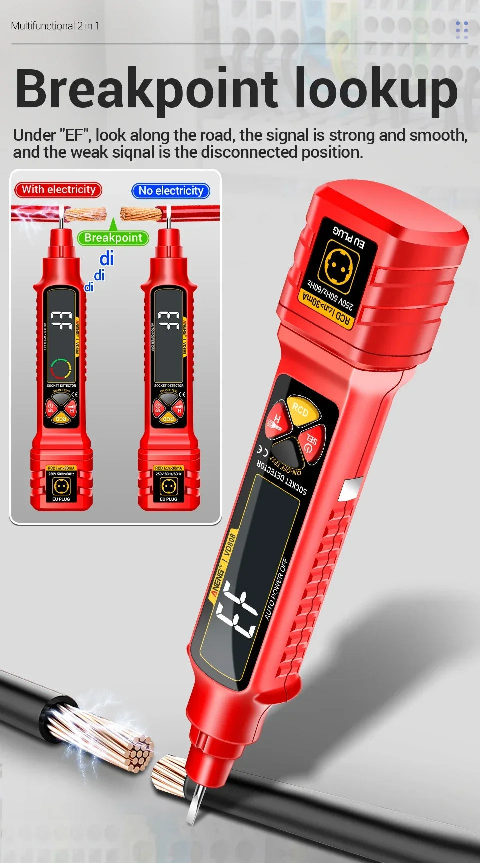 Socket Tester with AC/DC Voltage Detection and Polarity Check