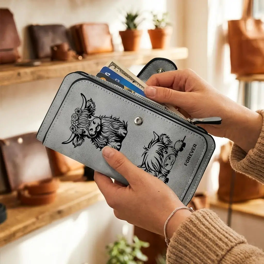 Adorable Highland Cow Long Wallet with Zipper Closure