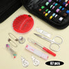 A compact portable sewing kit showing various tools including needles, scissors, and measuring tools in a black pouch.