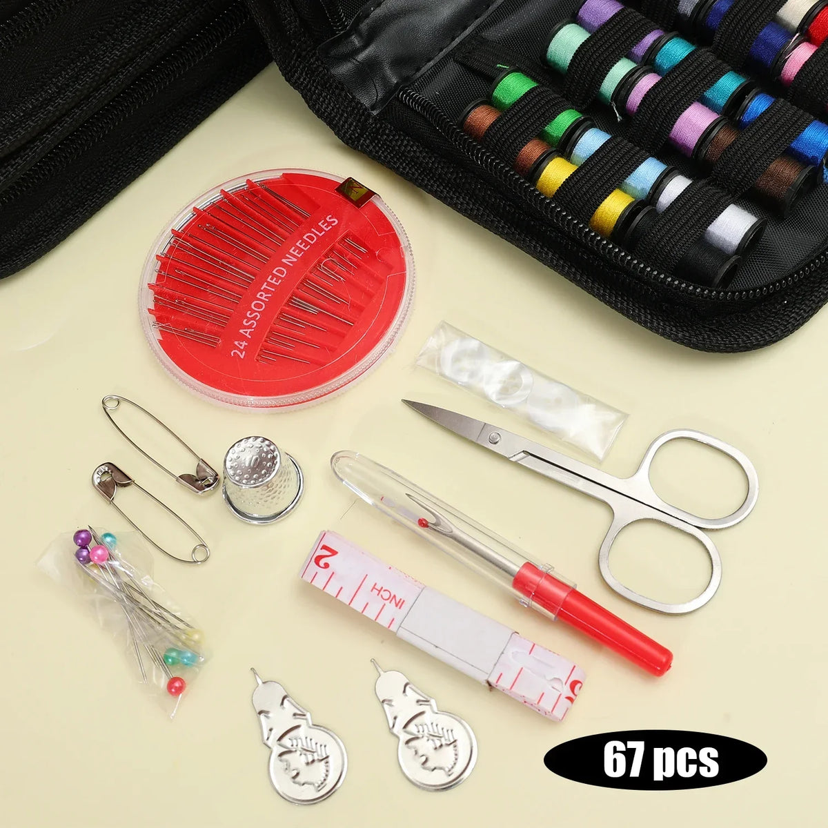 A compact portable sewing kit showing various tools including needles, scissors, and measuring tools in a black pouch.