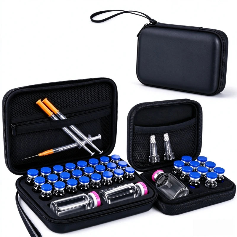 A black portable EVA hard case for insulin and peptide vials, showing various glass vials and needles.