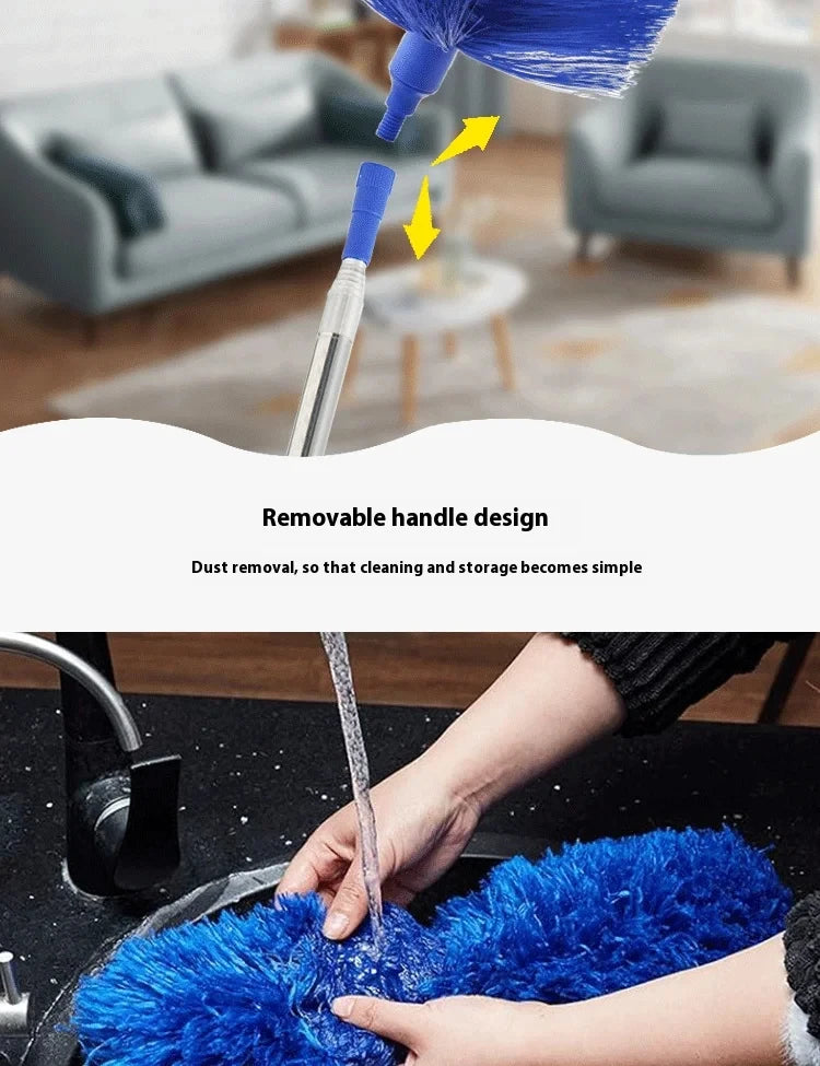 A hand is using a blue microfiber duster with a removable handle design to clean a surface.