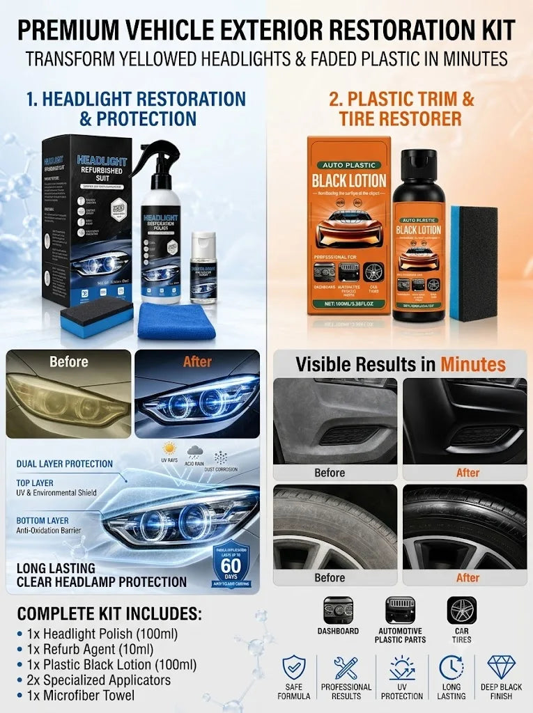 A kit for headlight restoration and protection featuring a liquid coating, specialized applicators, and tools.