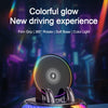 A circular wireless car charger mount with an RGB ambient light glowing on a dark background.