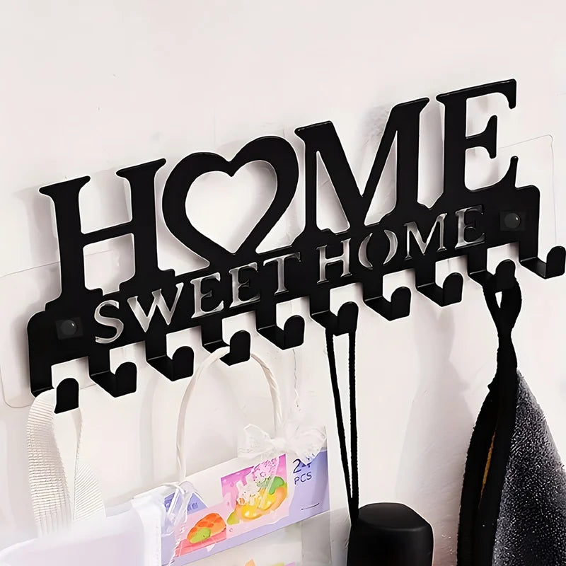 Black Metal Wall-Mounted Key Holder with 10 Hooks