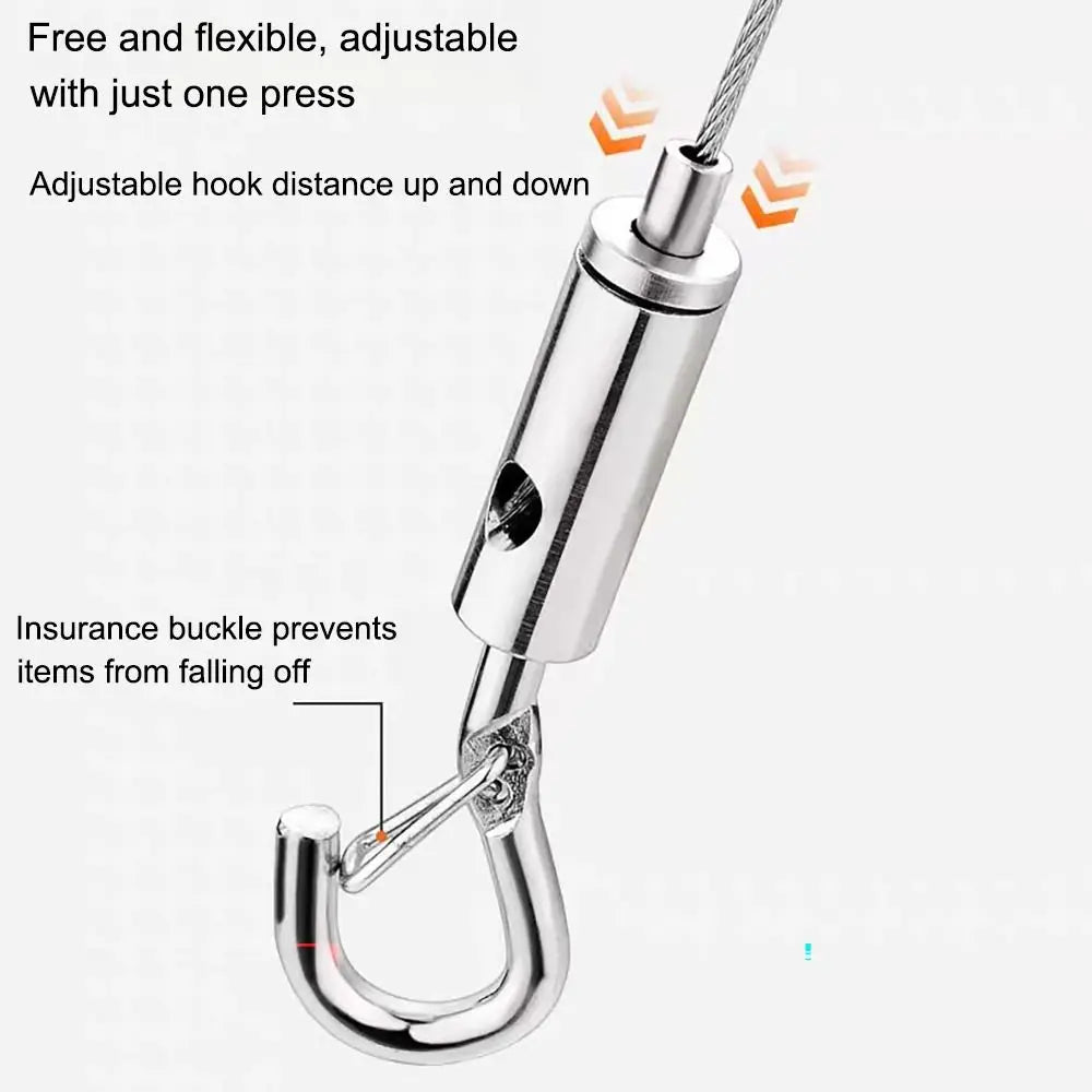 Stainless steel wire rope with an adjustable hook distance and an insurance buckle for hanging items