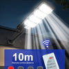 A white outdoor LED light fixture is shown with a remote control, demonstrating 10m distance.
