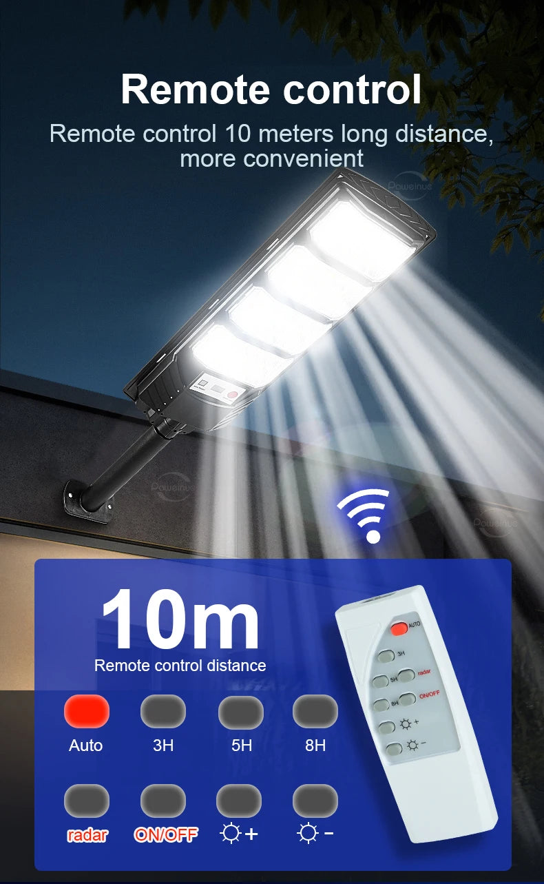 A white outdoor LED light fixture is shown with a remote control, demonstrating 10m distance.