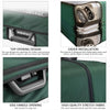 A green waterproof suitcase cover showing various design features including top opening, easier installation, and side handle