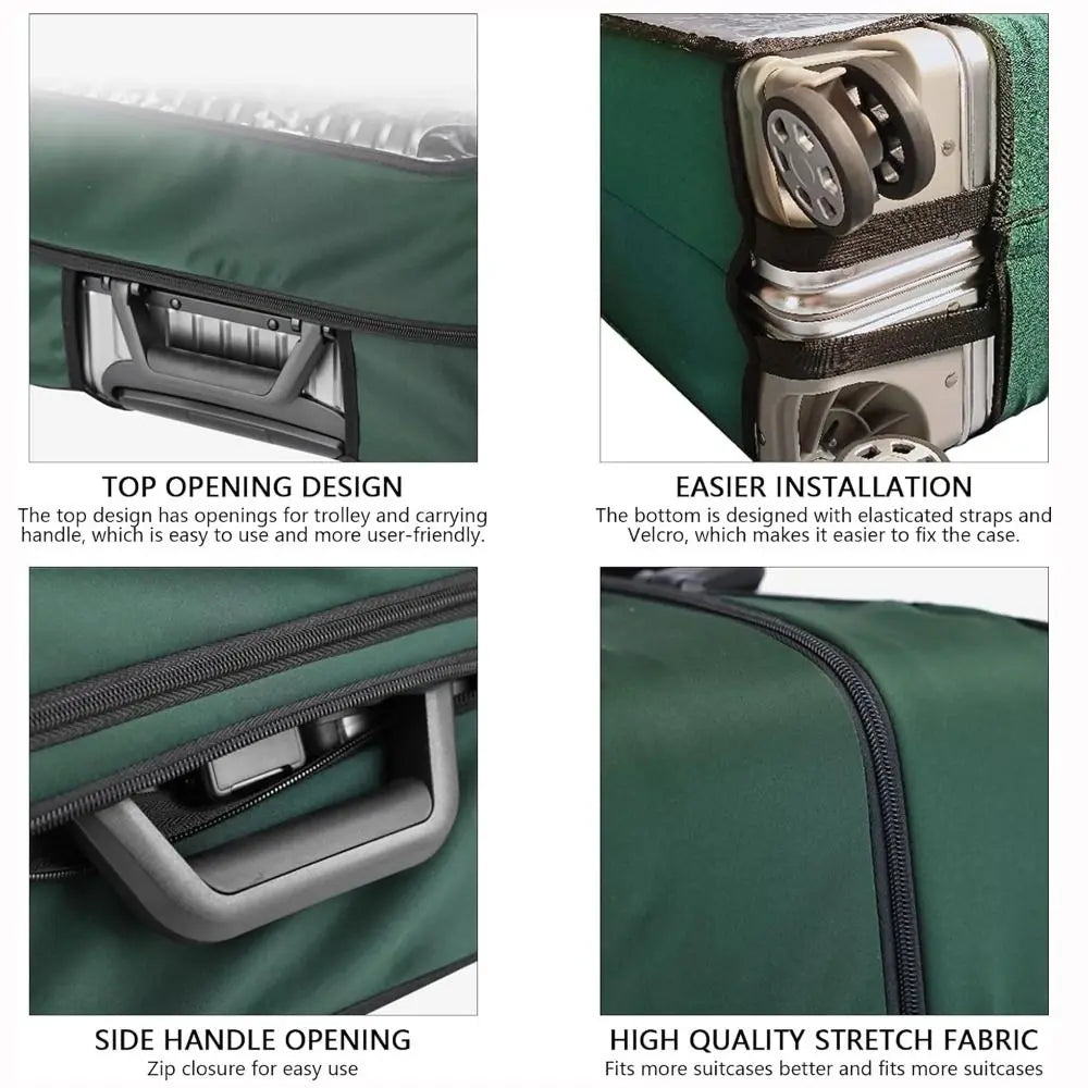 A green waterproof suitcase cover showing various design features including top opening, easier installation, and side handle