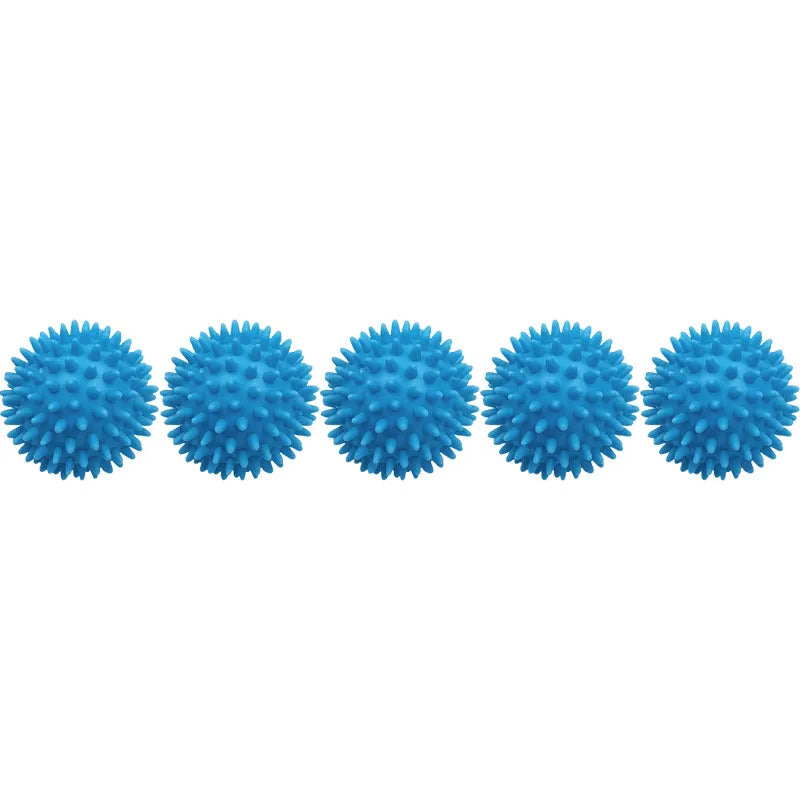 A row of six blue reusable laundry balls for tangle-free washing and softening.