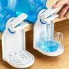 A white laundry detergent cup holder with a drip tray is shown holding a glass of blue liquid.