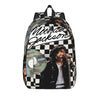 A black and white checkered backpack featuring the name Michael Jackson and an image of him.