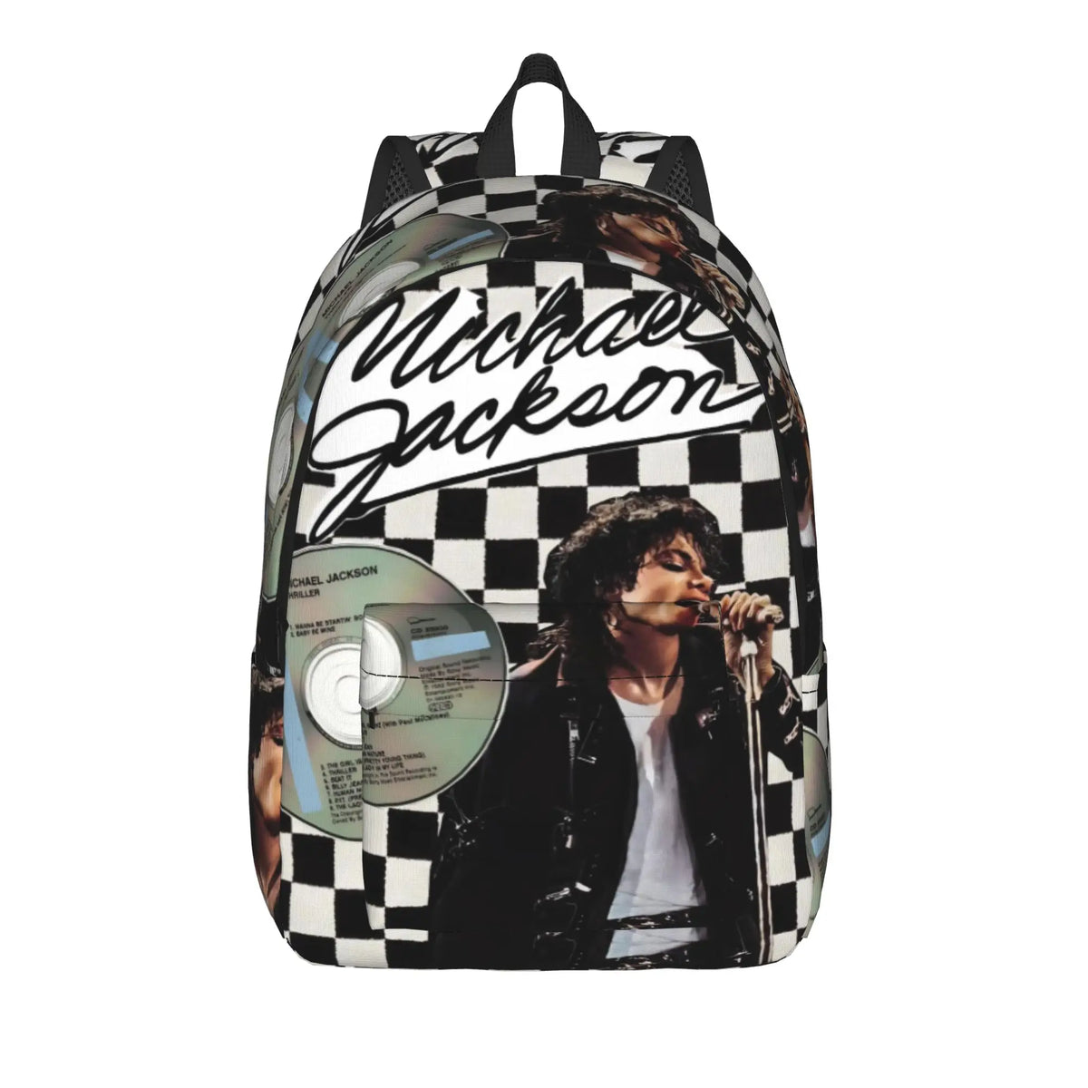 A black and white checkered backpack featuring the name Michael Jackson and an image of him.