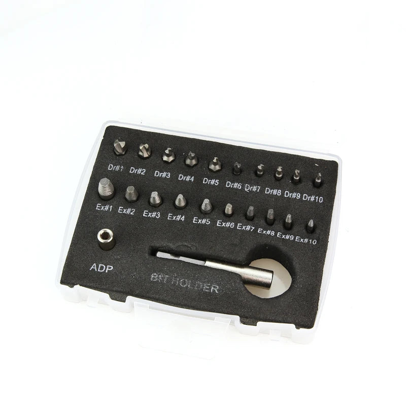 A black professional screw extractor set with a magnetic extension and ten numbered drill bits labeled Dr#1 to Dr#10.