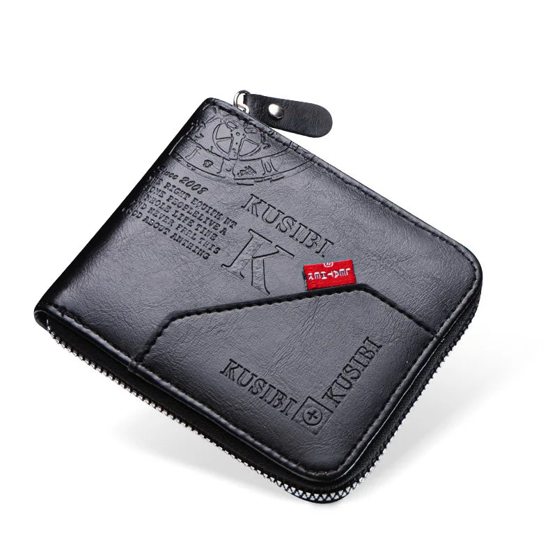 Black vintage PU leather zipper wallet with a coin pocket and embossed KUSIBI logo
