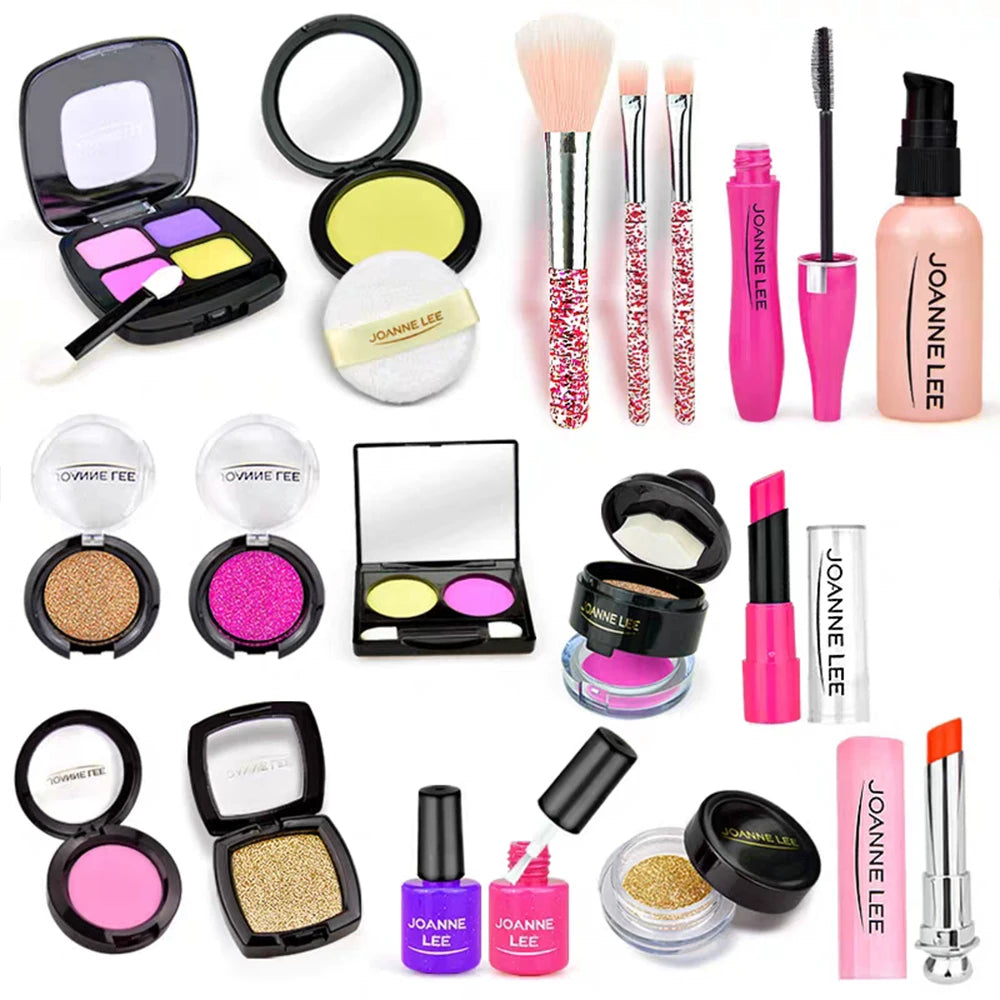 A collection of Joann Lee makeup products including brushes palettes and liquid lipsticks displayed on a white background.