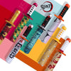 A collection of Demon Slayer Kokushibo katana swords with colorful wrappings and gold hilts.