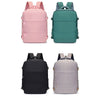 Three travel backpacks in pink, teal, and gray/black colors shown from the back.