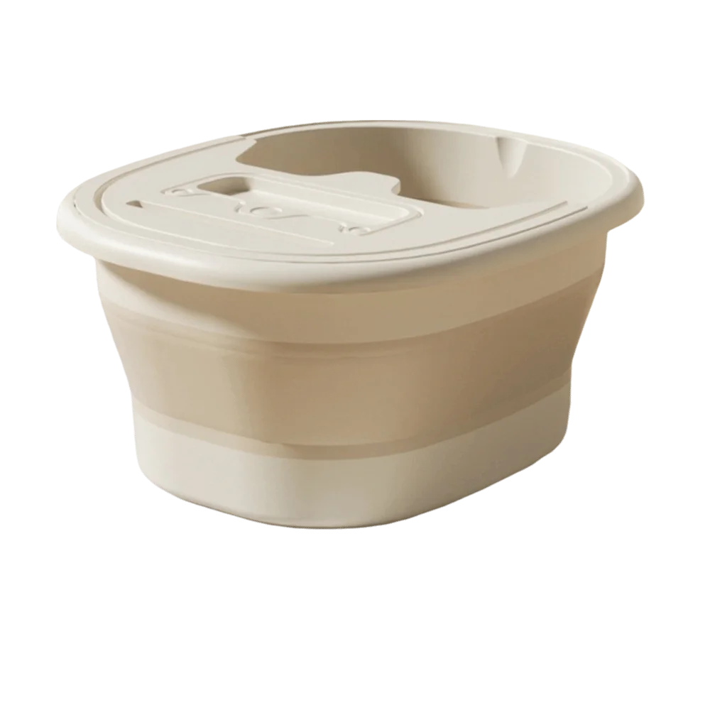 A beige foldable foot bath tub with a lid is shown from above.