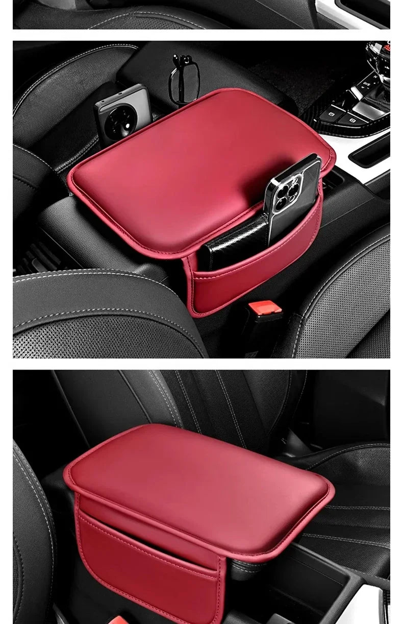 A red PU leather car armrest cover with a storage bag is shown inside a black car interior.
