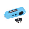 A light blue compact handlebar lock with a black logo and two keys.
