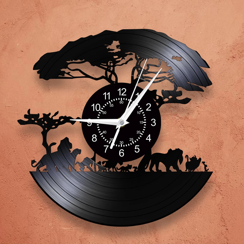 African Safari Cartoon Lion Vinyl Record Wall Clock – Silent Non-Ticking, 12-Inch Decor for Kids' Rooms and Playrooms