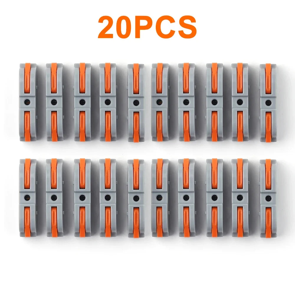 A set of 20 plastic lever wire connectors in gray and orange colors arranged in a single row.