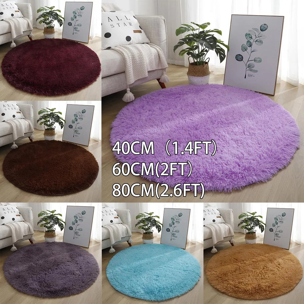 A collection of ultra-soft shaggy round rugs in various colors including purple, maroon, blue, and brown.