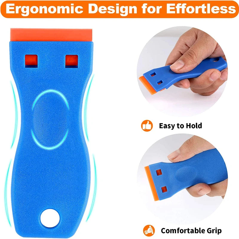 Blue plastic razor scraper tool with orange accents showing easy to hold and comfortable grip features