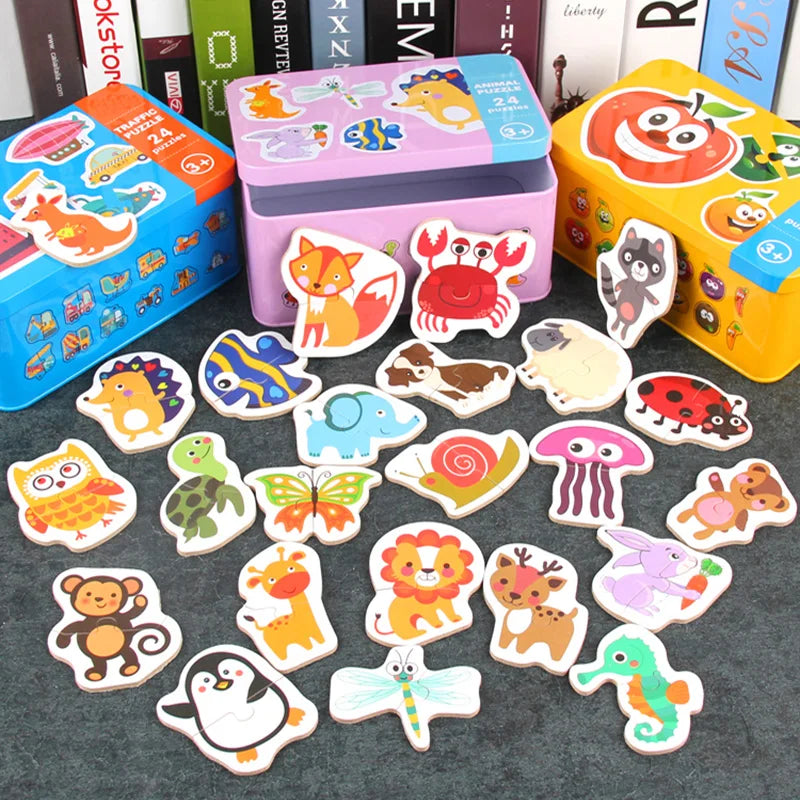 A set of wooden animal and vehicle puzzles and storage boxes featuring colorful animals like cats, elephants, and other figur
