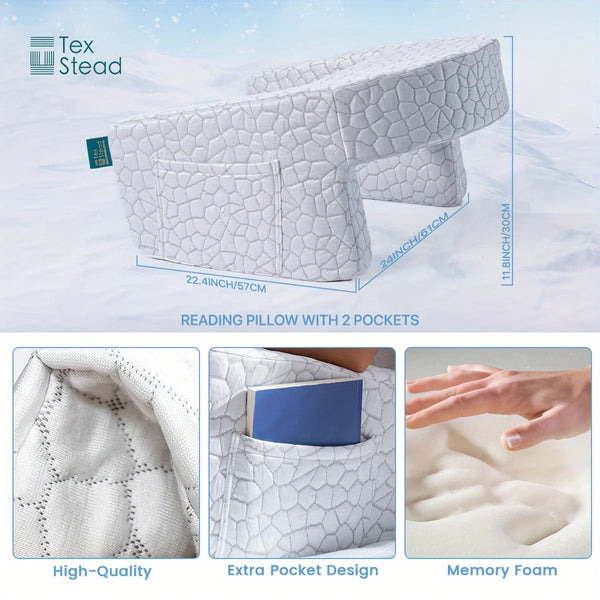 White memory foam reading pillow with two pockets and armrests shown in various views