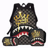 A black backpack and matching pouch featuring a gold crown and shark graphic print on a checkered background.