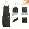 A dark gray denim work apron with multiple pockets and adjustable straps shown on a mannequin.