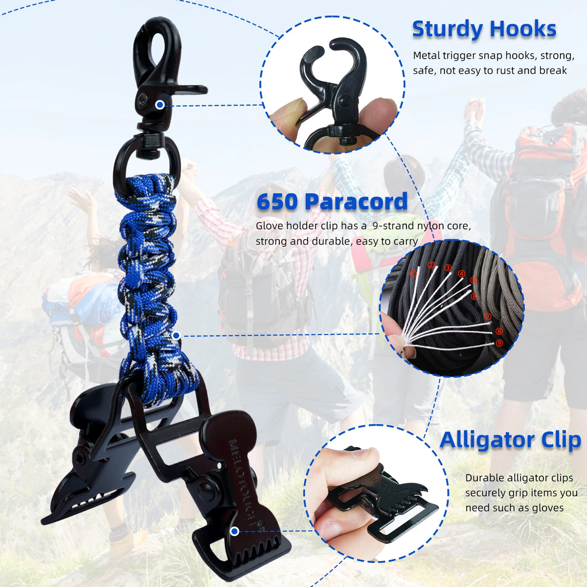 Clip táctico de guante con ganchos resistentes, paracord de 650 y un clip de cocodrilo para asegurar objetos.
