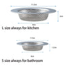 Two stainless steel sink drain strainers, one L size for kitchen and one S size for bathroom.