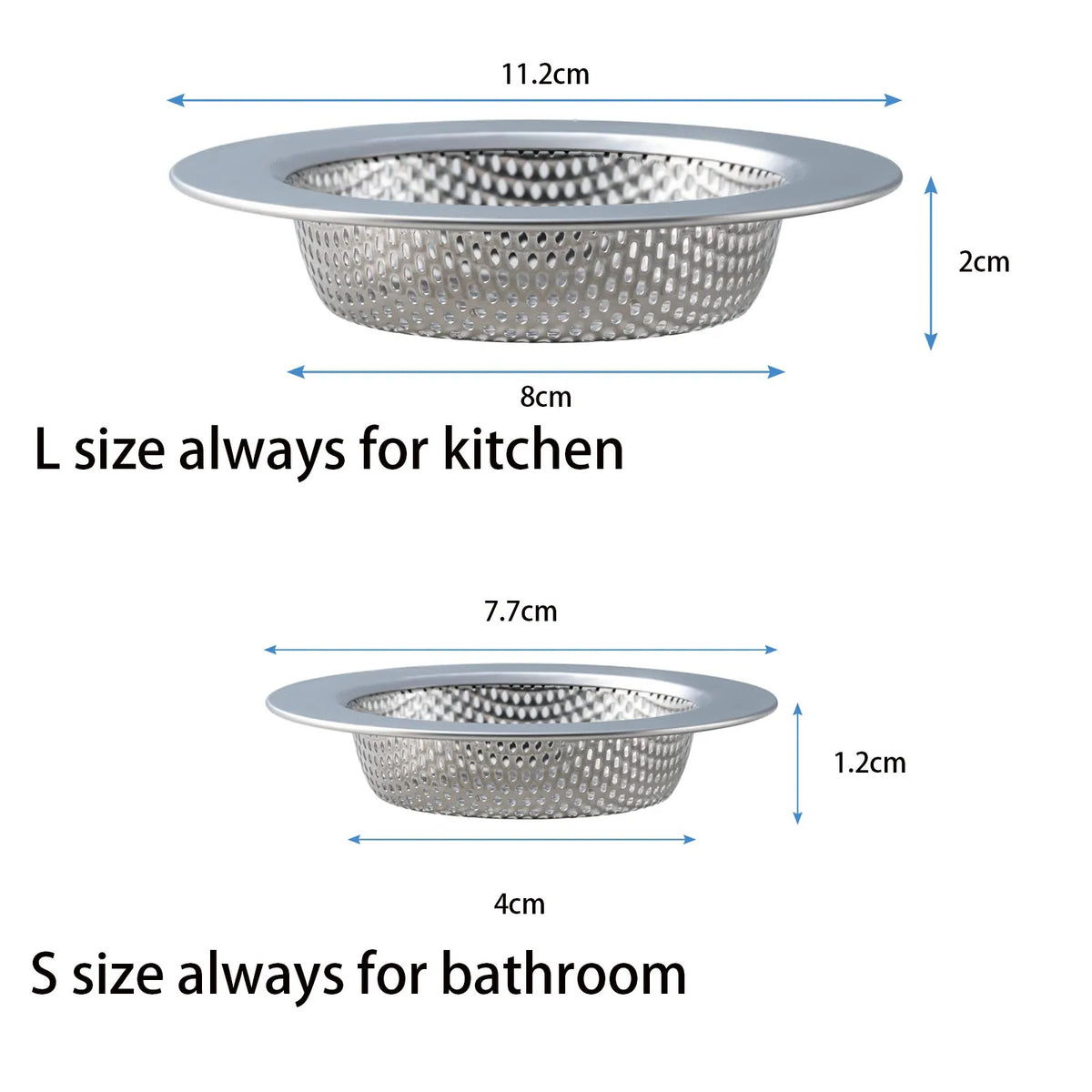 Two stainless steel sink drain strainers, one L size for kitchen and one S size for bathroom.