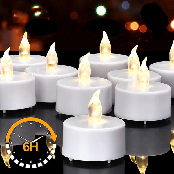 A set of white flameless LED tea lights displayed on a dark surface with an accompanying timer graphic.