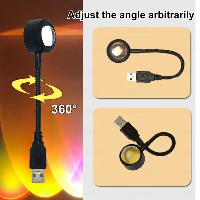 A black sunset projection lamp with a flexible neck and adjustable angle feature.