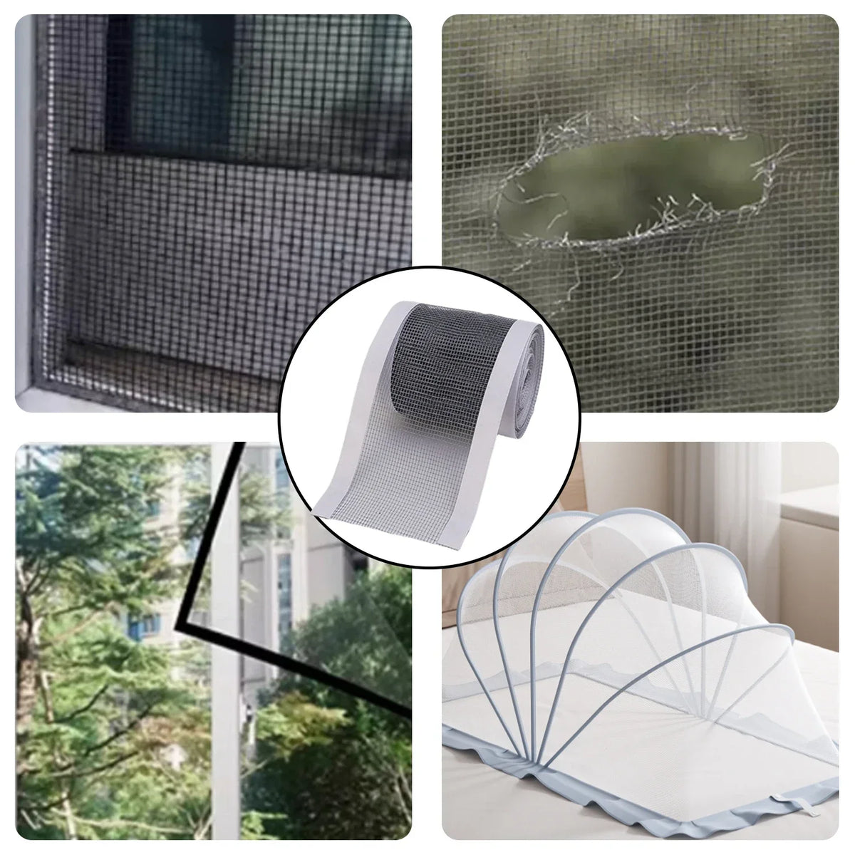 A roll of window screen repair tape used to patch holes in mesh screens and a white sheet with blue accents.
